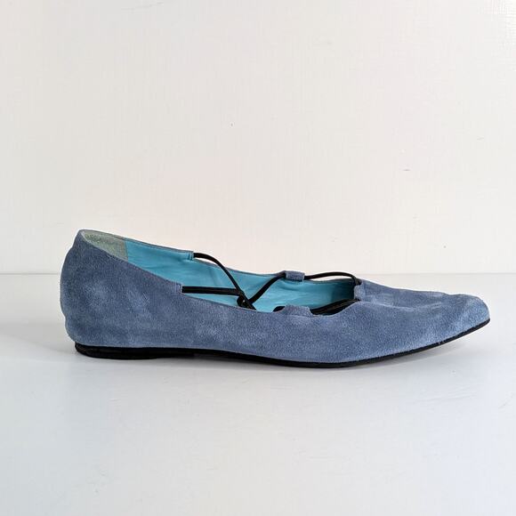 Thierry Rabotin Blue Suede Criss-Cross Elastic Ballet Flats EU 41 Pointy Toe - Picture 6 of 12